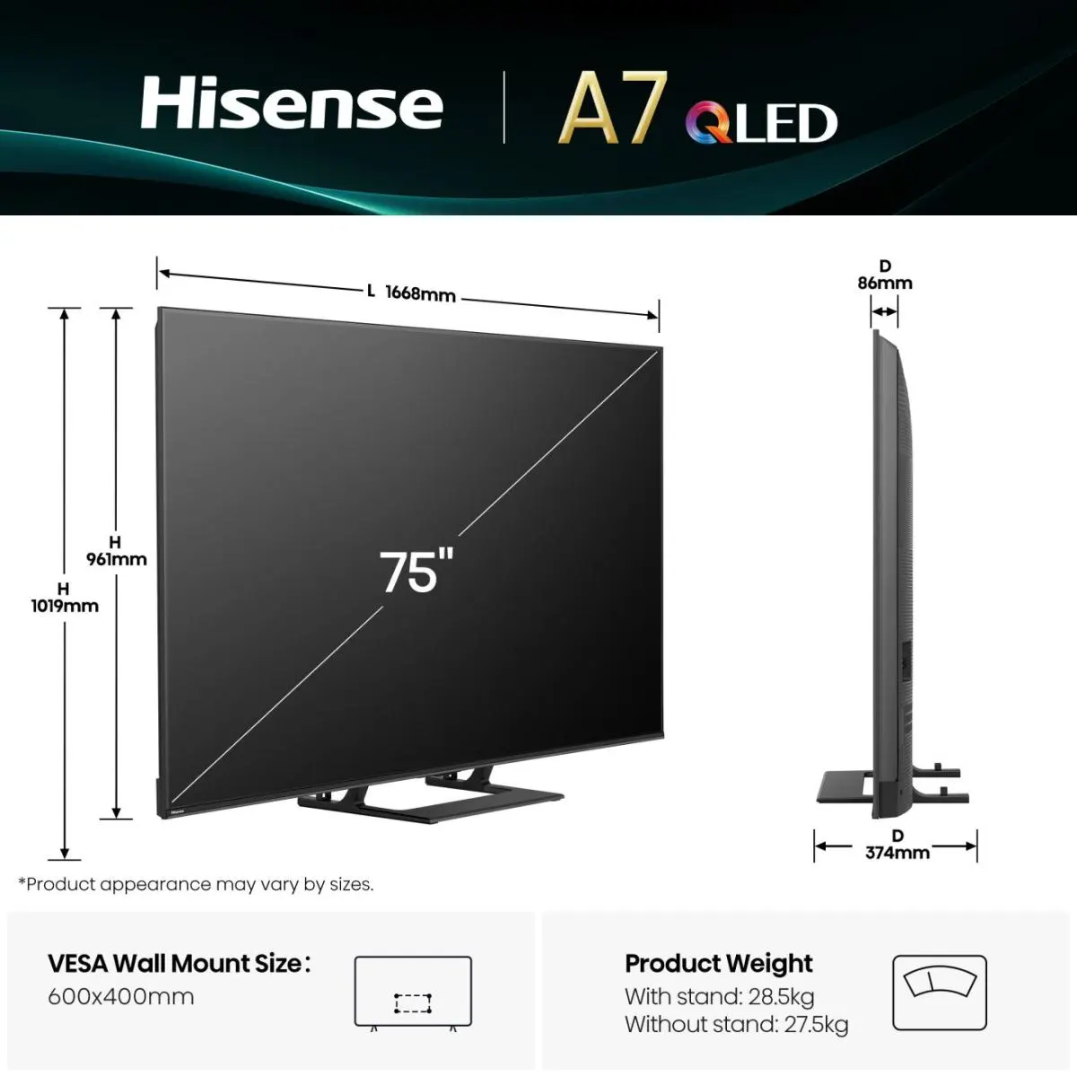 Hisense TV SET 75A72Q HSN - Smart TV 4K Ultra HD Nero 75" QLED